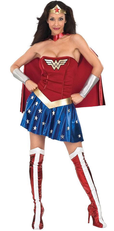 PRICES MAY VARY. 92% Polyester, 8% Spandex Imported Pull On closure Hand Wash Only Wonder Woman costume dress cape fabric headband wristlets belt and boot tops Strapless mini dress with velour bodice front and metallic skirt logo on bodice and stars on the skirt IMPORTANT SIZE INFORMATION Costumes are sized differently than clothing important to review SECRET WISHES size chart before making selection OFFICIALLY LICENSED DC Comics Wonder Woman costume look for trademark on label and packaging to Wonder Woman Photos, Adult Wonder Woman Costume, Ombre Skirt, Dress Cape, Wonder Woman Cosplay, Harley Quinn Costume, Wonder Woman Costume, Wonder Women, Marvel Cosplay