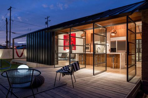 AZ+Bungalow+by+foundry12 Contemporary Remodel, 1920s Bungalow, Pivot Door, Arch House, Small Deck, Brick Facade, Black Frames, Old Bricks, House Elevation