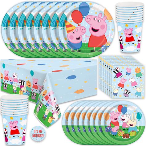 PRICES MAY VARY. Join Peppa Pig and George in throwing your child the Peppa Pig birthday party they'll always remember. This Peppa Pig Birthday Party Supplies kit contains everything you need for easy, fast setup and takedown. Party pack includes more than just disposable dinnerware--it also has festive decorations perfect for tying the room together. This set includes enough Peppa Pig party supplies to host a party of up to 16 guests: 1 table cover, 16 large 9" paper serving plates, 16 small 7" Pig Birthday Decorations, Peppa Pig Birthday Decorations, Peppa Pig Party Supplies, Peppa Pig Party Decorations, Peppa Party, Peppa Pig George, Pig Birthday Party, Peppa Pig Birthday Party, Pig Decor