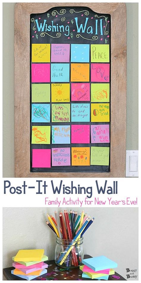 Make a wishing wall for the New Year using Post-It notes! A fun family activity or classroom activity for New Year's Eve and New Year's Day! Write your goals and wishes and share them together. #newyears #newyearsday #newyearseve #familyactivities #buggyandbuddy #postitactivities #goalsetting #positivity Wishing Wall Ideas, New Years Day Activities For Kids, Wish Wall, New Years With Kids, Post It Art, Family Activities Preschool, New Year's Eve Crafts, Kids New Years Eve, New Year's Eve Activities