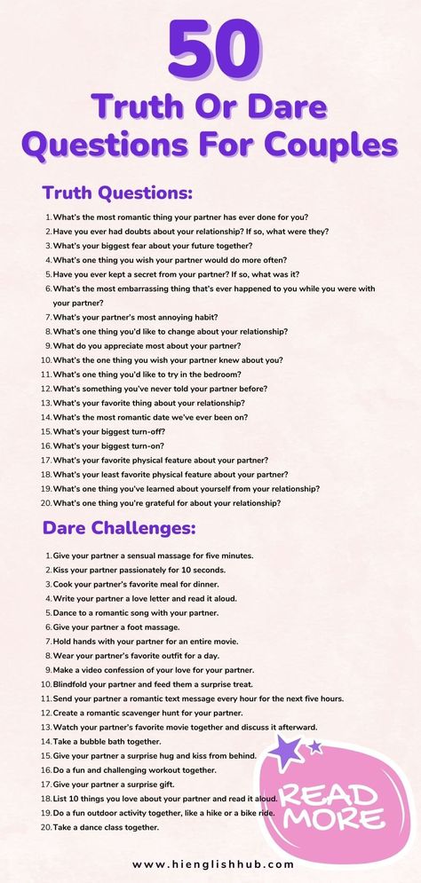 100 Truth Or Dare Questions, Dare To Your Boyfriend, Truth And Dare For Boyfriend, Ideas For Truth Or Dare Questions, Truth And Dares For Boyfriend, Truth R Dare Questions, Questions For Truth And Dare, True Or Dare Questions For Boyfriend, Intense Truth Or Dare Questions