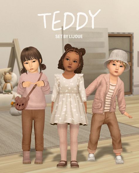 Teddy Toddler Set — Preview | LIJOUE Hood Cc Sims 4, Sims Infant Cc Clothes, Sims 4 Infant Hair Cc Patreon, Wonderful Whims Sims 4, Toddler Cc Sims 4, Sims 4 Toddler Clothes, Sims Baby, Sims 4 Family, Sims 4 Cc Kids Clothing