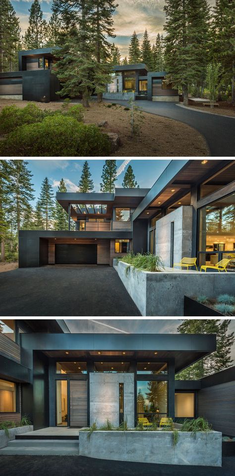 This home, designed as a secluded and relaxing environment for a family, has plenty of outdoor room and combines wood with black elements for a dramatic color palette. Modern House In The Woods, House With Trees, A Modern House, Back Ground, Hus Inspiration, घर की सजावट, Forest House, California Homes, House Goals