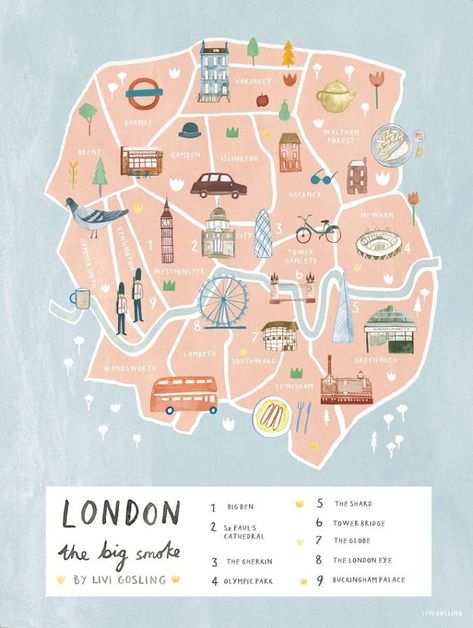 London - Livi Gosling Animal Illustrations, Britania Raya, London Baby, London Map, City Map Poster, London Print, London Eye, Illustrated Map, British Art