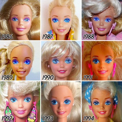 Since the release of the iconic Barbie doll in 1959, however, it has changed quite a bit, changing along with the ideals that society set for women. Tumblr user Tenaflyviper collected headshots of barbies from every year since 1959 and combined them in collages so we can watch them evolve. Barbie 80s, Embrace Natural Beauty, Barbie 90s, Barbie Style, Im A Barbie Girl, Barbie Vintage, Malibu Barbie, Barbie I, Vintage Barbie Dolls