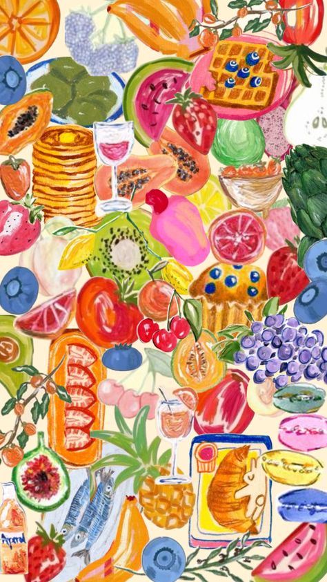 food illustrations wallpaper #wallpaper #food Wallpaper Food Backgrounds, Fun Desktop Backgrounds, Fruits Wallpaper Aesthetic, Lisa Says Gah Wallpaper, Food Collage Aesthetic, Food Art Wallpaper, Food Collage Art, Maximalist Wallpaper Iphone, Brunch Wallpaper