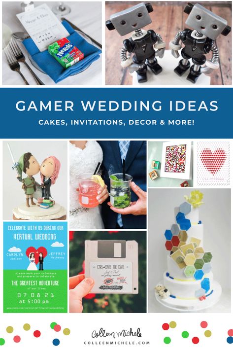 Wedding Ideas for Gamers Gamer Wedding Theme Ideas, Elegant Nerd Wedding, Geeky Wedding Invitations, Nintendo Themed Wedding, Gamer Wedding Theme, Gamers Wedding Ideas, Video Game Theme Wedding, Nerdy Wedding Reception Ideas, Nerdy Bridal Shower Ideas