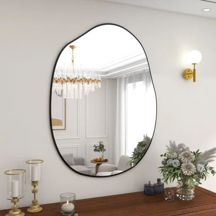 BEAUTYPEAK Asymmetric Mirror, Irregular Wall Mirror, Unique Shape Wall Mounted Vanity Mirror With Wood Back Panel, Living Room Bedroom Entrance Hallway Decoration | Wayfair Off Center Mirror Over Dresser, Double Bathroom Vanity Mirror, Master Bedrooms Decor Unique, Abstract Bathroom Mirror, Cool Wall Mirror, Organic Mirror Bathroom, Asymmetrical Mirror Bathroom, Irregular Mirror Bathroom, Octagon Cabin