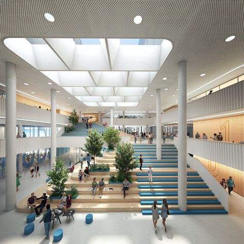 Henning Larsen unveils a new campus center for the MCI in Austria | News | Archinect Building Atrium Design, School Atrium Design, Office Atrium Design Architecture, School Of Architecture Design, Architecture University Design, University Lobby Design, Atrium Design Architecture, University Design Architecture, University Building Design