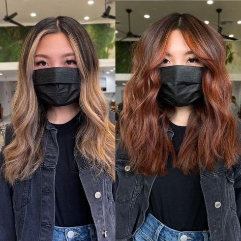 Fun Light Brown Hair Color Ideas, Root Shadow Red Hair, Short Auburn Balayage, Grown Out Copper Hair, Hair Color For Light Olive Skin Tone, Red Hair Glaze, Brown Hair Red Balayage, Copper Balayage On Black Hair, Ginger Balayage On Brown Hair