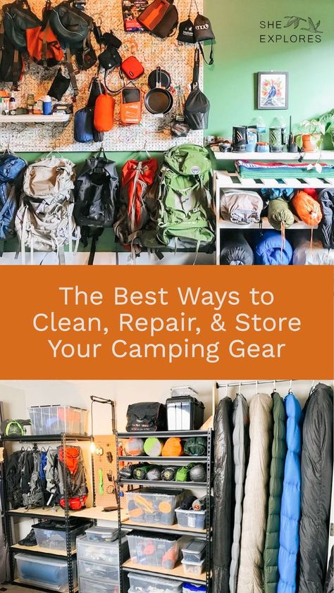 Two images of camping gear and outdoor supplies organized on shelves, bins, and hung up in a gear closet. Camping Equipment Storage Ideas, Pegboard Camping Gear Storage, Organizing Outdoor Gear, How To Store Camping Gear At Home, Storage For Camping Gear, Gear Room Storage, Hiking Gear Storage Ideas, Organize Camping Supplies, Camp Gear Organization