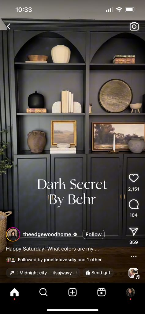 Behr Dark Paint Colors, Dark Secret Behr Paint, Behr Dark Secret, Dark Built Ins Living Room, Dark Gray Paint Colors, Moody Living Room, Dark Accent Walls, Behr Colors, Dark Grey Paint