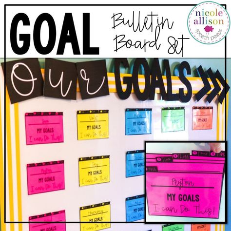 Functional speech therapy bulletin boards to make an SLPs therapy room pretty and useful. Reading Goals Bulletin Board, Goal Bulletin Board, Goal Setting Bulletin Board, Goals Bulletin Board, Goals For Students, Data Walls, Data Wall, Data Binders, Classroom Goals