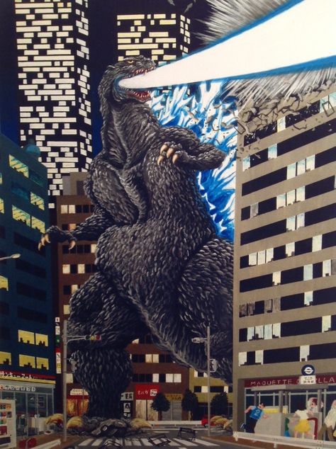 Godzilla stomping through the city... Godzilla Destroying City, Millennium Godzilla, Godzilla City, Godzilla Party, Monster Island, Horror Drawing, Witch's Cottage, Godzilla Wallpaper, City Cartoon