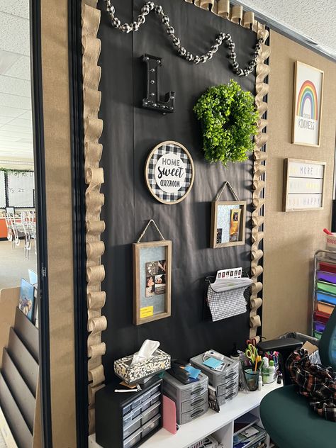 Reading And Math Bulletin Board Ideas, Teacher Corner Bulletin Board, Boho Classroom Theme Middle School, Farmhouse Teacher Decor, Classroom Bulletin Board Ideas Aesthetic, Black Bulletin Board Classroom, School Counselor Mailbox Ideas, Rustic Classroom Ideas, Classroom Lights Ideas