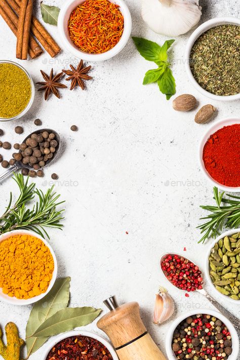 Spices Poster Design, Spices Ads, Herbs And Spices Photography, Spices Images, Spice Background, Spices Background, Spices Design, White Stone Table, Spice Photography