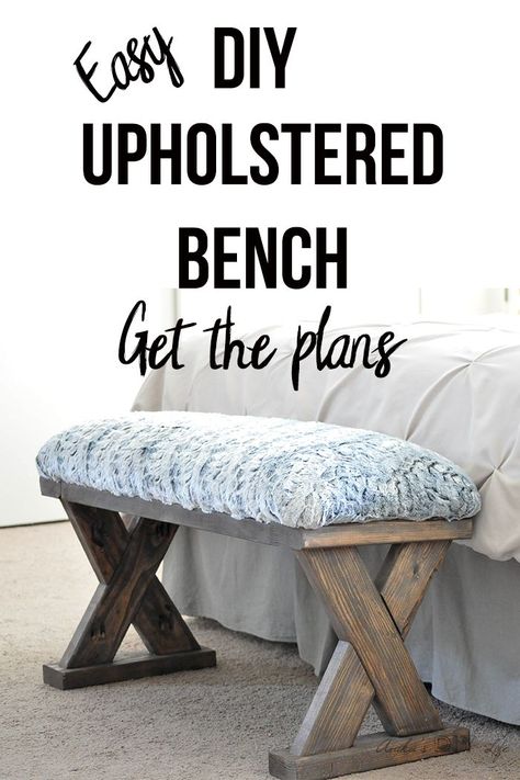 Love this bench! An easy and quick build!! And so cheap too! Perfect beginner woodworking project. Adds farmhouse look to your home. This DIY upholstered X-bench using only 2x4 comes. Get the plans and watch the video tutorial! #AnikasDIYLife #woodworking #farmhouse Christmas Woodworking, Kids Woodworking Projects, Weekend Woodworking Projects, Diy Muebles Ideas, Woodworking Art, Hout Diy, Woodworking Projects Furniture, Beginner Woodworking, Woodworking Furniture Plans