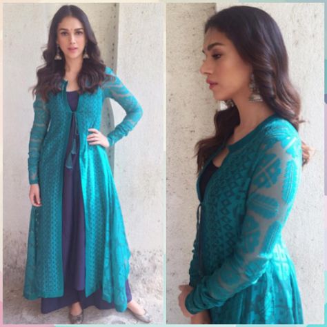 Layered Bonanza Kurta -   This is a trend many celebs are flaunting these days. A plain kurta inside and an interesting layer on top. For this, you could choose a jacquard fabric, a printed one or an elaborate embroidered one. Ask your tailor to get this fab pair custom made for you and look like a superstar. Pair it with a pair of plain palazzos that match the colour of the inside layer. Payal Pratap, Layered Kurta, Kurti Styles, Aditi Rao Hydari, Aditi Rao, Celebrity Closet, New Designer Dresses, Kurti Patterns, Designer Kurti Patterns