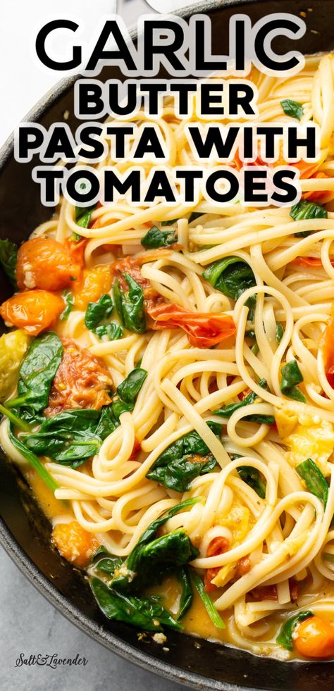 Tomato Spinach Sausage Pasta Recipe, Spaghetti Spinach Tomato, Spinach And Tomato Pasta Recipes, Pasta Using Fresh Tomatoes, Garlic Butter Pasta With Vegetables, Pasta With Chicken Spinach And Tomatoes, Pasta Tomato Spinach Recipes, Spinach Tomatoes Pasta, Spaghetti And Spinach With Sundried Tomatoes