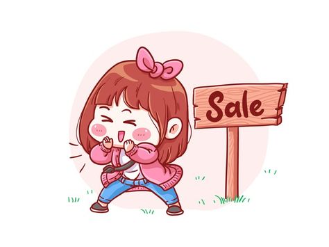 Cute and kawaii girl announcing sale man... | Premium Vector #Freepik #vector #sale #girl #cartoon #shopping Kawaii, 15% Sale, Shopping Animation, Shopping Drawing, Shopping Cartoon, Cartoon Shopping, Shopping Illustration, Chibi Illustration, Manga Chibi