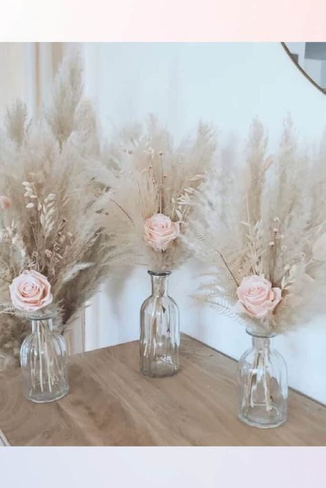Pampas Grass and Rose Boho Graduation Party Centerpieces Pink Fall Table Decor, How To Make A Pampas Grass Swag, Boho Shower Centerpieces, Baby Girl Shower Centerpiece Ideas, Boho Baby Shower Balloon Arch, Pampas Centerpiece Diy, Boho Baby Shower Centerpieces, Boho Centerpiece, Baby Shower Table Centerpieces