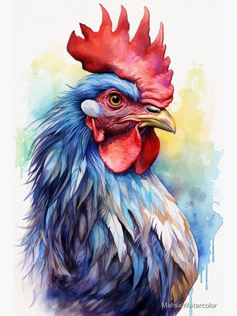 Chicks Painting, Guinea Fowl Art, Rooster Artwork, Rooster Watercolor, Watercolor Rooster, Farm Animal Art, Pet Portraits Photography, Colorful Rooster, Chicken Drawing