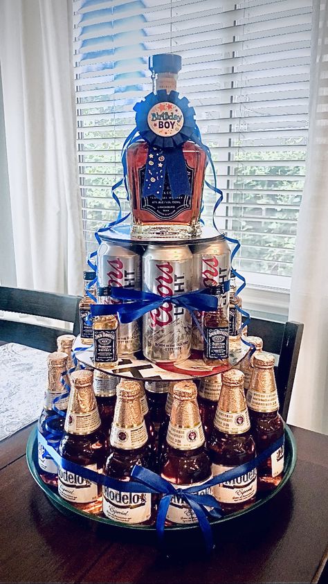 Alcohol Cake For Men, Beer Tower Gift, Beer Cake With Bottles, Beer Tower Cake For Men, 21 Birthday Basket For Guys, 21 Birthday Boyfriend, Booze Cake Tower, Beer Bottle Cake Tower, 40th Birthday Beer Cake