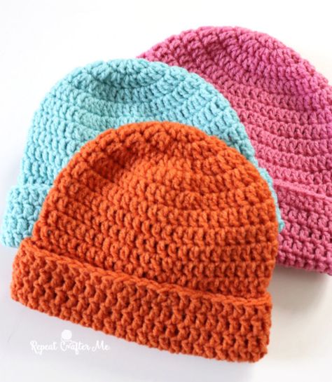 Amigurumi Patterns, Crochet Beanie With Fold Up Brim, Crochet Beanie From Top Down, Kids Hats Patterns Crochet, Fold Over Beanie Crochet Pattern, Repeat Crafter Me Hat, Easy Hats To Make, Crochet Hats With Brim Free Pattern Easy, Basic Crochet Beanie Pattern Free