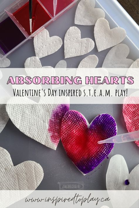 Montessori Valentines Crafts, Valentine Process Art, Valentine Experiments For Kids, Sensory Bin Valentines Day, Valentine’s Day Science Preschool, Valentines Day Eyfs Activities, Valentines Day Experiments Kids, Valentine’s Day Ideas For Toddlers, Preschool Activities Valentines Day