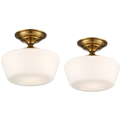 Brighten a kitchen space, hallway, or entry area in classic style with this set of schoolhouse style ceiling lights. From the Regency Hill brand, the design features a soft gold finish an the canopy and housing. The semi-flush ceiling lights have white opal glass shades in the classic schoolhouse style. Use anywhere you need a functional and stylish lighting accent. French Country Kitchen Lighting Ideas, White Ceiling Lights, Modern Craftsman Interior, Lighting 2023, Space Hallway, Craftsman Interior Design, Schoolhouse Style, Celing Light, Entry Area