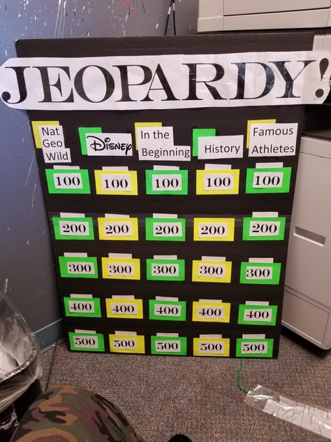 Kids Jeopardy Game, Human Board Games Ideas, Real Life Board Games, School Board Game Project, Diy Jeporady Board, Tv Show Games Diy, Homemade Jeopardy Board, Kids Jeopardy Game Questions, How To Make A Jeopardy Game Board
