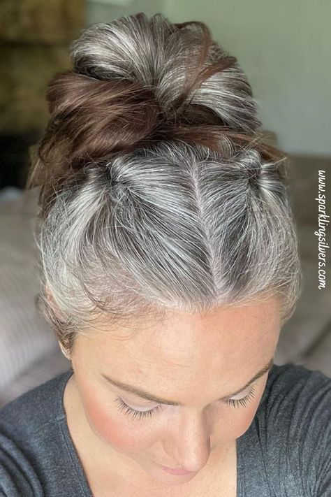 grey hairstyles Grey Hair Bun, Growing Out Gray Hair, Grey Hair Roots, Grey Hairstyles, Amazing Gray, Grey Hair Journey, Transitioning Hair, Gray Hairstyles, Grey Hair Care