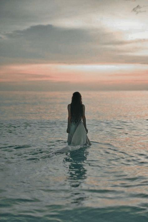 Bethanycore Aesthetic, Water Sign Aesthetic, Water Signs Aesthetic, Ocean Storm Aesthetic, Beach Cinematography, White Dress Photography, Standing In Water, Woman In White Dress, Nautical Aesthetic