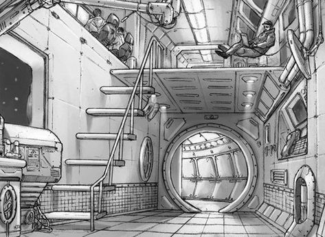 Sci fi drawing  of interior of space ship - artist unknown Concept Art House, Sci Fi Room, Spaceship Drawing, Scifi Interior, Art Spatial, Interior Concept Art, Space Ships Concept, Spaceship Interior, Bg Design