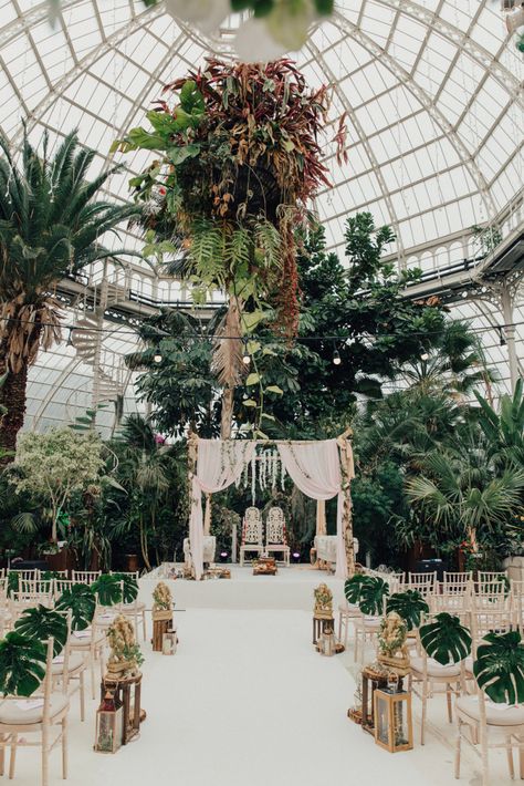 Botanical, Aisle Decor with Indian Mandap Wedding Ceremony Altar | Hindu Wedding at Sefton Park Palm House with Bride & Bridesmaids in Sarees, Plus Botanical Plants & Bright Decor by The Wild Bride Photography Glass House Wedding Venue, Indian Mandap, Mandap Wedding, Wedding Ceremony Altar, Sefton Park, Glass House Wedding, Ceremony Altar, Kelsey Rose, Palm House