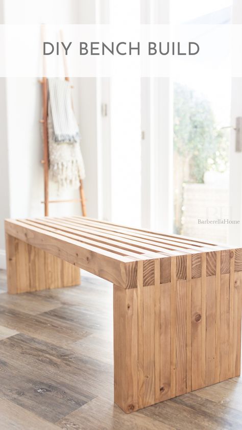 Super easy DIY bench build with 2x4 studs and 1x4 common pine boards. Wooden Benches Indoor, Wood Bench Diy Indoor, Easy Diy Wood Bench, Bench 2x4 Diy, Easy Pine Wood Projects, Diy Bench 2x4, 2 X 4 Bench Diy, Diy Benches Entryway, Simple Wood Bench Diy