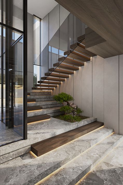 Private house in Tallin on Behance Home Decor Ideas Stairs, Stair Case Railings, Under Stairs Ideas, Stairs Decoration, Luxury Stairs, Modern Staircases, Staircase Interior Design, Landscape Stairs, Staircase Design Modern