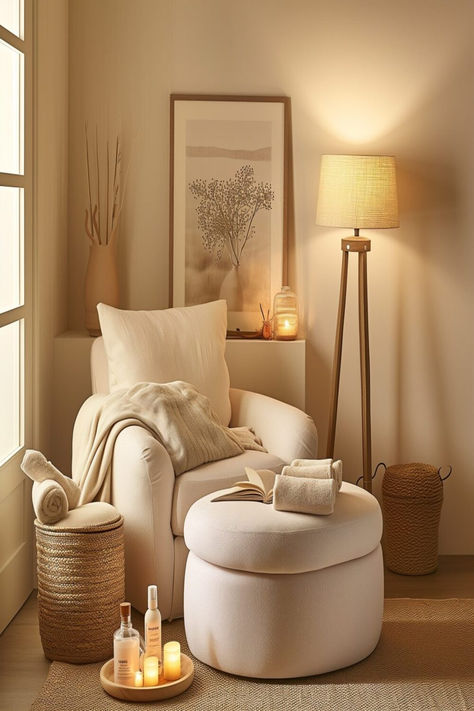 A cozy guest bedroom spa nook with a plush chair and warm lighting. Rincon, Cosy Bedroom Corner Ideas, Small Nook Decor, Bedroom Sitting Area Small Cozy Corner, Reading Nook In Bedroom Small Cozy Corner Comfy Chair, Small Reading Nook Cozy Corner Bedrooms, Bedroom Corner Ideas Cozy Nook, Cozy Reading Nook Ideas, Bedroom Nook Ideas