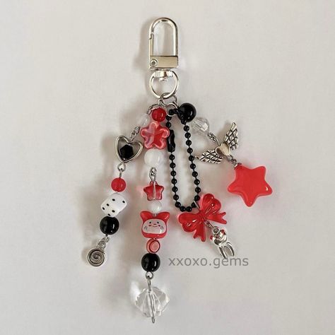 Red And Black Bead Keychain, Red Keychain, Matching Couple Bracelets, Couples Bracelets, Cork Ornaments, Black Keychain, Things I Need To Buy, Merch Ideas, Beaded Keychain