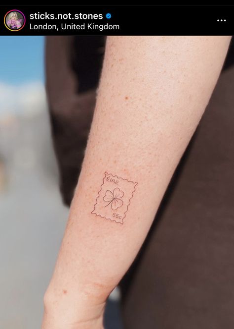 Sticks not stones London Clover Stamp Tattoo, London Travel Tattoo, Ireland Postage Stamp Tattoo, Ireland Travel Tattoo, Small Irish Tattoos For Men, Butter Tattoos For Women, Irish Language Tattoo, Ireland Outline Tattoo, Irish Stamp Tattoo