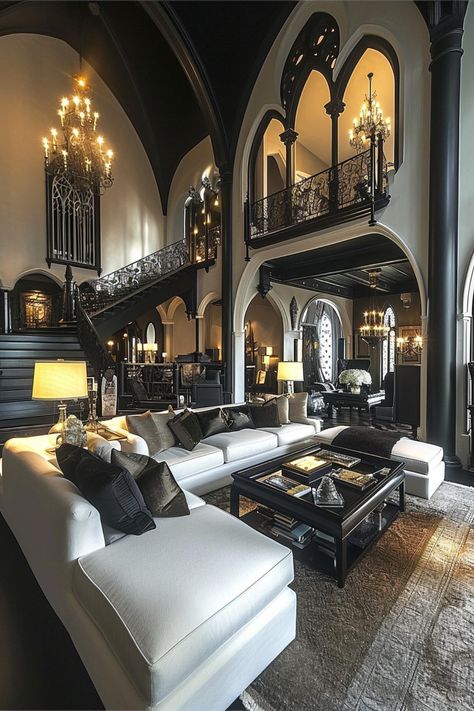 Luxurious Living Room Showcasing a Fusion of Gothic Splendor and Contemporary Design Touches Ruang Tamu Outdoor, Gothic Interior Design, Deck Furniture Layout, Luxurious Living Rooms, Gothic Interior, Casas The Sims 4, Open Concept Living Room, Dark Home Decor, Design Salon