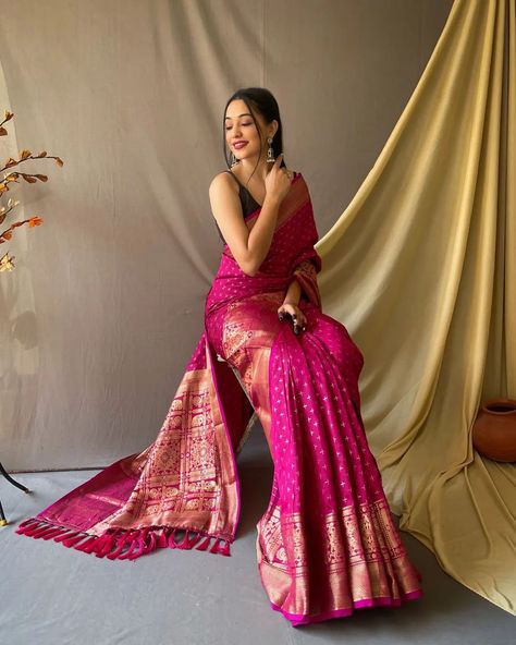 This Beautiful Soft Silk Saree Is Having Checks Silver And Gold Zari Weaves All Over The Body Of Saree, Having Gold Zari Woven Broad Border And Crafted With Elegant Pallu. Saree Length: 5.5m Blouse Length: 0.8m Occasion: Party, Wedding, Casual For orders dm us or visit: www.pahrava.com Link in bio. #saree #sareefashion #Pahrava #silksarees #handwork #embroideryart Pink Banarasi Saree, South Silk Sarees, Sabyasachi Lehenga, Silk Pattern, Indian Saree Blouse, Red Lehenga, Elegant Color, Kanjivaram Sarees, Saree Fabric