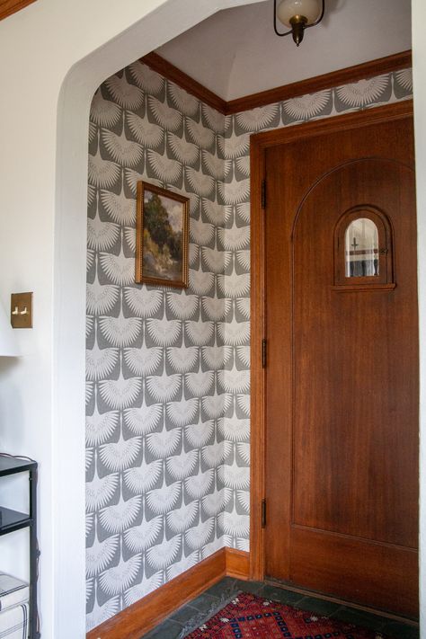 Wallpaper In Entryway, Wallpaper Foyer Entryway, Wallpapered Door, Wallpaper Entryway Foyers, Foyer Wallpaper Entryway, Entry Way Wallpaper, Entrance Wallpaper, Condo Entrance, Entry Wallpaper