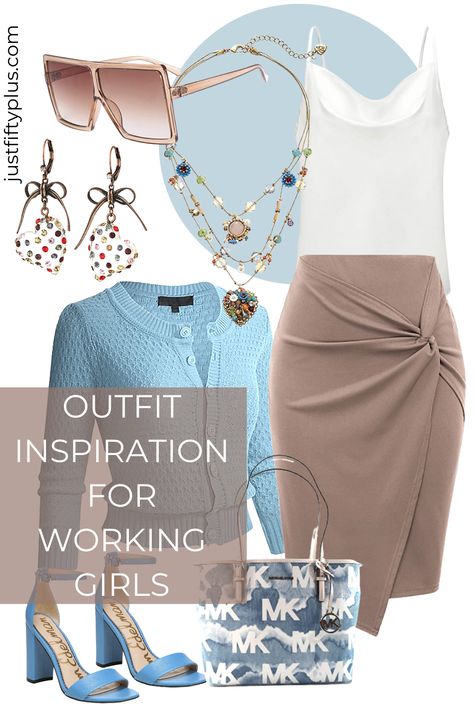 Outfit Inspiration for Working Girls. Knit Cardigan and wrap skirt are available in many colors and Plus Size. How to wear a skirt to the office. How to wear a knit cardigan without looking old. #ootd #workoutfits #fashion #outfits #fashionforolderwomen #womenover50 Work Wardrobe, Cardigan Work Outfit, Blue Block Heels, Working Girls, Light Blue Knit, Amazon Favorites, Fashion And Beauty Tips, Over 50 Womens Fashion, Style Inspiration Summer