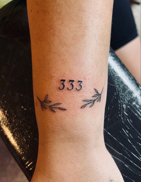 Cute 333 Tattoo, Angel Number With Flower Tattoo, Flower And Number Tattoo, 333 Font Tattoo, 333 Tattoo Design, Angel Tattoo On Arm, Angle Number Tattoo Ideas, Angel Number 333 Tattoo, 666 Angel Number Tattoo