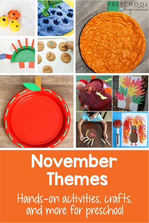 TONS of ideas of themes to use in your preschool classroom this November! Includes fall and Thanksgiving crafts, activities, ideas, and much more! Apple theme and pumpkin theme included. #preschool #preschoolthemes #pumpkin #appletheme November Classroom Themes, Themes For November Preschool, November Activities For Preschool, November Themes For Preschool, November Preschool Crafts, Leaf Lesson Plans, November Preschool Themes, Preschool Apples, Thanksgiving Themes