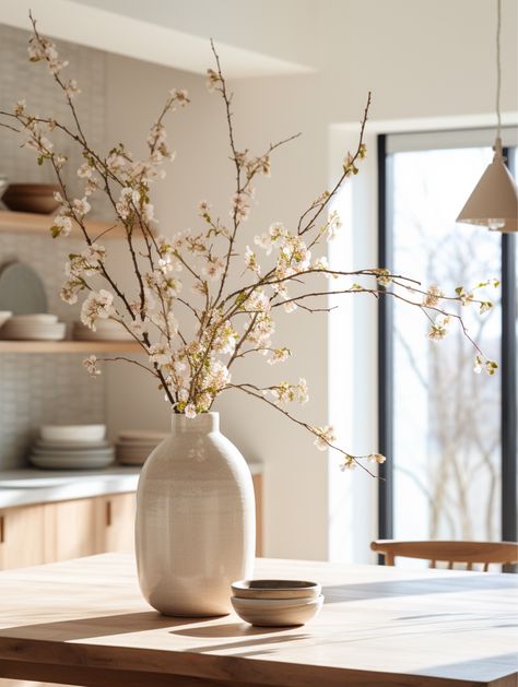 Styling Branches In Vase, Tall Vase Branches, Tall Vase Plant Ideas, Dried Flowers Tall Vase, Flower Vase For Dining Table, Branches For Vase, Twig Vase Decor, Large Vase Centerpieces Dining Room, Vase With Tall Branches