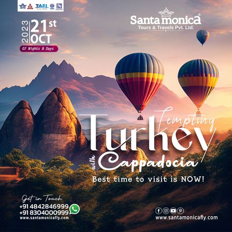 🎈🏞️ 🌍✨ Uncover the magic of Turkey with our unforgettable tour package! Experience the enchantment of Cappadocia like never before! ✨ From the ancient wonders of Istanbul to the turquoise waters of Pamukkale, immerse yourself in a journey of culture, history, and stunning landscapes. 🇹🇷🌄 Call Santamonica Tours & Travels at +91 830 4000 999 to book your tour. #SantamonicaToursandTravels #CaptivatingCappadocia #HotAirBalloonAdventures #TurkeyTravel Tour Packages Design, Tourism Ads, Turkey Poster, Travel Advertising Design, Lebron James Art, Dj Event, Travel Creative, Turkey Tour, Holiday Travel Destinations