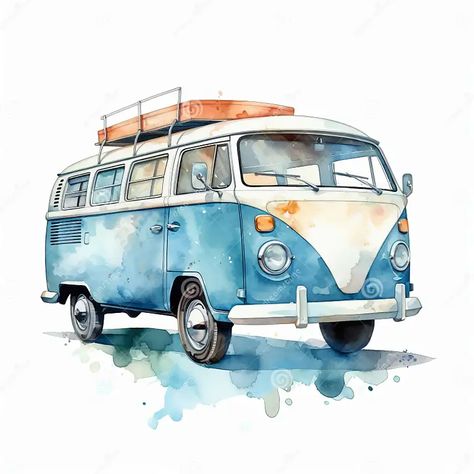 Watercolor Vw Bus, Blue Vw Bus, Vw Bus Illustration, Bus Watercolor Painting, Vw Bus Painting, Bus Watercolor, Car Watercolor Painting, Vw Bus Art, Van Illustration