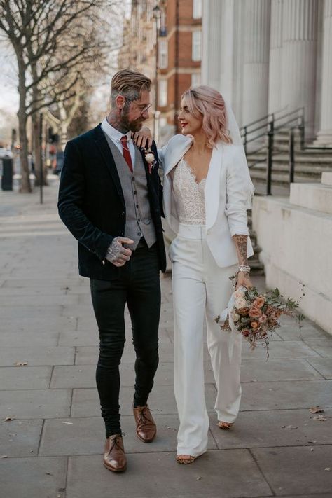 White Suit Groom, Blush Flower Bouquet, Emily Robinson, Wedding Suits For Bride, Suit With Lace, Casual Wedding Outfit, Casual Bride, Bride Suit, Suit Groom
